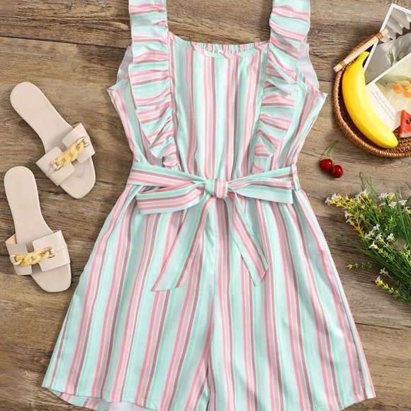 Women's Romper XL Baby Pink-Mint Green Stripes Ruffle Trim Romper w/ Belt 12-14 - Picture 7 of 7